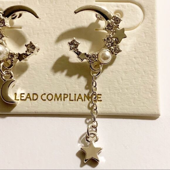 Silver Mini Crescent Moon Chain Earrings - Picture 2 of 7